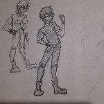 A preview of traditional drawings of my character Red, a black haired guy wearing black clothes